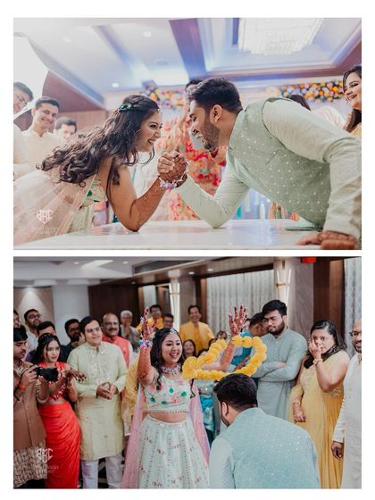 A collage showing the playful side of the couple, from arm wrestling to fun games during their Haldi ceremony.