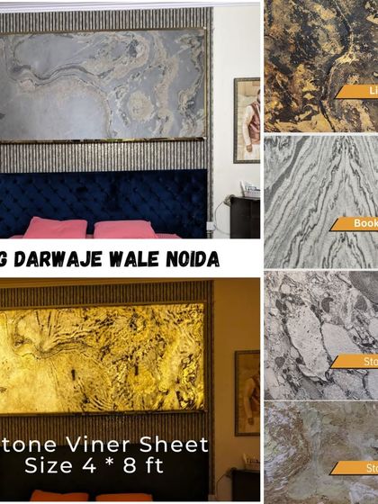 Our Stone Veneer Sheets are thin, flexible sheets of real stone that can be backlit. This collage shows how they look with and without light, along with different stone patterns like book-matching. They come in a 4x8 feet size.