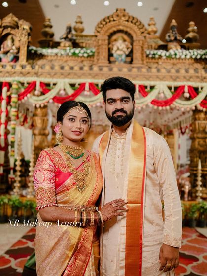 A beautiful couple portrait from a South Indian wedding. I provide makeup services for both the bride and groom to ensure they look cohesive and picture perfect.
