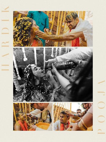 A collage capturing the raw emotions of the Haldi, from the messy application to the couple's shared laughter.