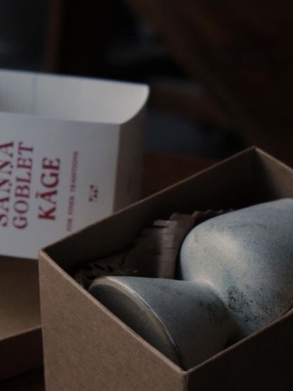 The packaging for the 'Sanna' goblet, part of our collaboration. Each goblet was designed to mix contemporary and traditional styles.