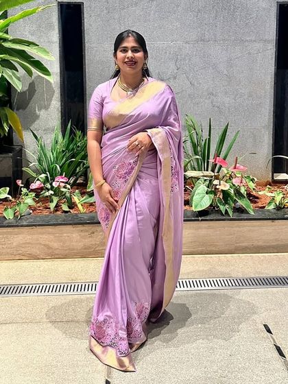 Lilac love. A client looking so elegant and poised in the trending lilac pure Mysore crepe saree.
