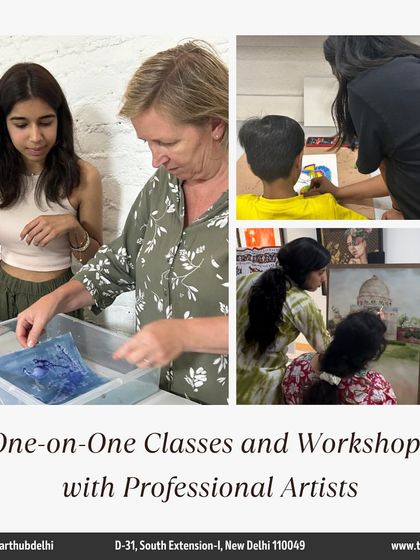 My one-on-one classes and workshops with professional artists ensure personalized attention. This collage shows instructors guiding both children and adults.