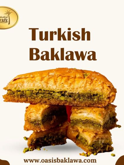 A stack of our classic Turkish Pistachio Baklava, showing the rich layers of phyllo and nuts. A perfect representation of our signature product.