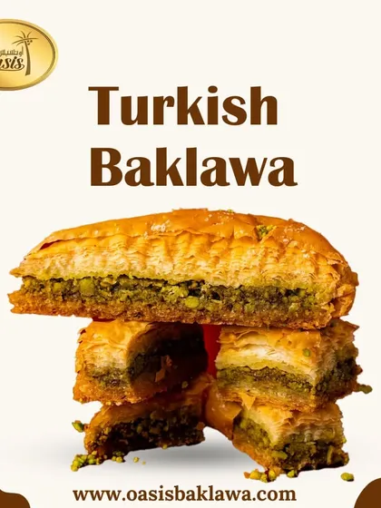 A stack of our classic Turkish Pistachio Baklava, showing the rich layers of phyllo and nuts. A perfect representation of our signature product.