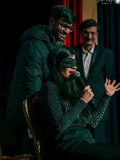 A close-up of me during the blindfold act. Even with my eyes completely covered, I'm using my other senses and my telepathic link to perceive what's happening around me.