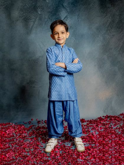 This cool blue Patiala set is perfect for any occasion, and you can order it in any color to match your boy's personality.