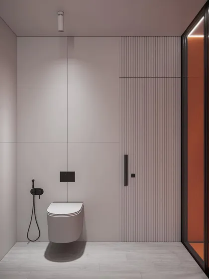 A view of the minimalist toilet area from the bathroom visualization. The design features seamless wall panels, a concealed cistern toilet, and a flush, handle-less door to maintain a completely uncluttered and sleek aesthetic.