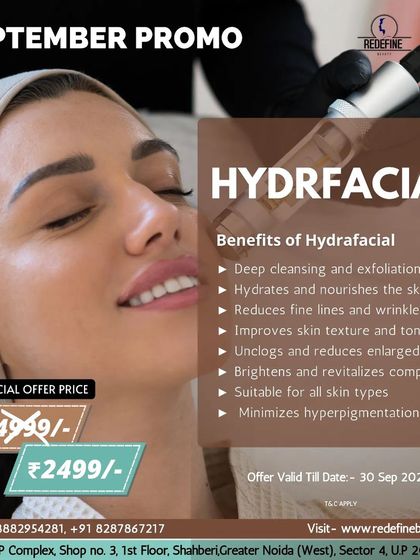 A promotional graphic for our Hydrafacial, detailing its many benefits like deep cleansing, reducing fine lines, and improving skin texture. The offer shown here was for a limited time.