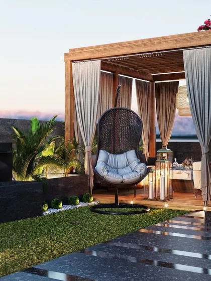 I design serene outdoor escapes like this terrace garden. This render shows a tranquil space with a wooden pergola, a peaceful Buddha water feature, and comfortable seating, perfect for relaxation.