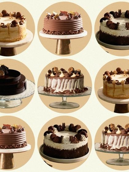 A grid showcasing the variety of my celebration cakes. You can see nine different options, from chocolate to caramel to cookies and cream.