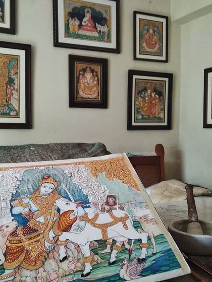 Welcome to our creative haven, where we bring the beauty of Mysore paintings to life. The walls are filled with completed works, and a new piece is always taking shape on the easel.