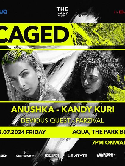 The poster for 'Caged' at Aqua, The Park in Bangalore. I was excited to bring my mix of electro, breakbeat, and techno to this unique venue.