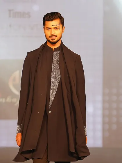 A front-facing view of the layered ensemble by Pankaj Soni, showing the intricate details and styling.