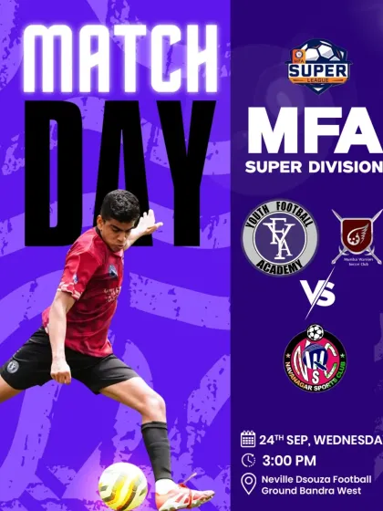 Matchday graphic for an MFA Super Division game at Neville Dsouza Football Ground.