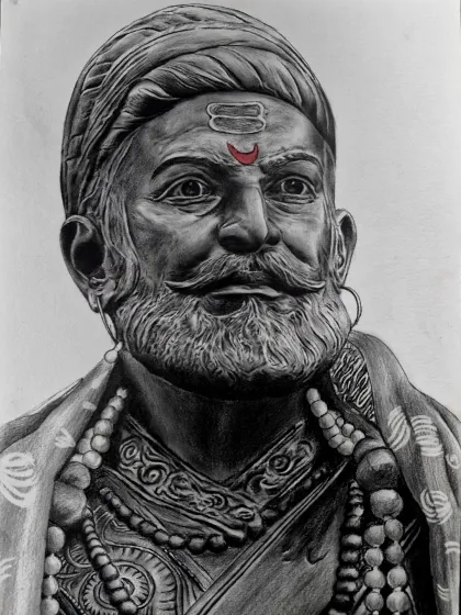 This is my pencil and charcoal portrait of Chhatrapati Shivaji Maharaj. I focused on creating a realistic sketch that captures his strength and vision, paying close attention to the details in his expression and the texture of his attire. A touch of color on the tilak completes the piece.