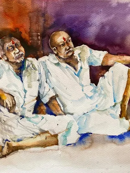 Titled "In Leisure," this watercolor painting depicts two men resting. I often paint people in moments of peace and relaxation, perhaps as a contrast to my own busy life.