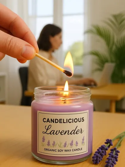 Make your workspace a little cozier. Lighting one of my organic soy wax jar candles, like this popular Lavender scent, is a simple way to de-stress during a busy day.