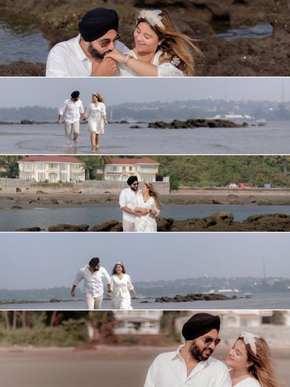 A cinematic collage of the couple walking along the Goan shoreline. The wide shots and their relaxed interaction create a feeling of endless love against the vast ocean.
