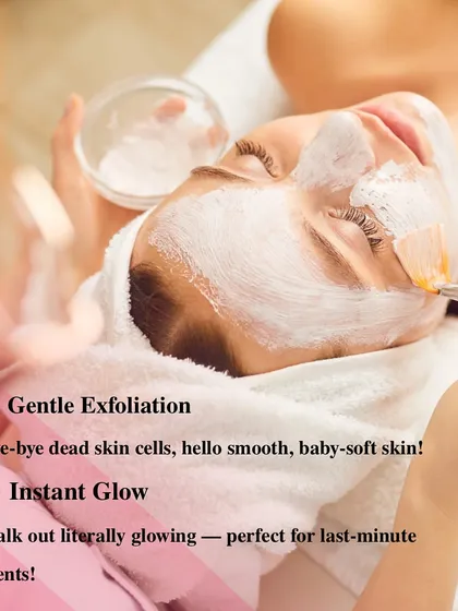 One of the key benefits of the Glow Facial is gentle yet effective exfoliation. It buffs away dead skin cells to reveal smooth, baby-soft skin, giving you an instant glow that's perfect for last-minute events.