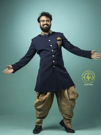 I offer a wide range of men's ethnic wear for rent, including this stylish navy blue Jodhpuri suit. It's a perfect choice for adding a touch of royal elegance to any photoshoot.