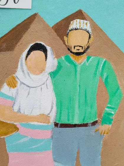 The final panel of the collage, showing the couple on a trip. I work from your photos to get these details right.