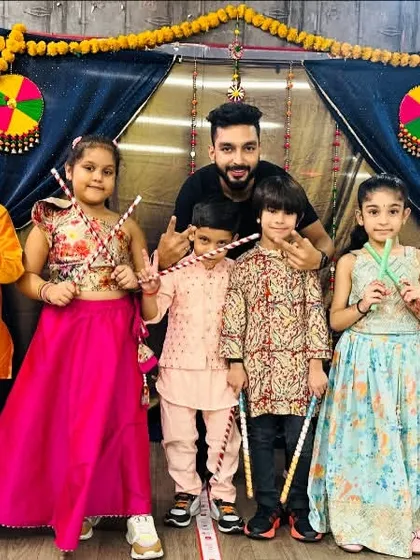 Our Dandiya celebration was full of color and smiles. This is our crew of young dancers, all dressed up in traditional outfits and ready with their dandiya sticks. I love seeing them embrace cultural festivities with so much excitement.