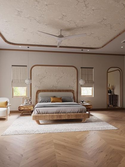 This bedroom render showcases a classic design with a contemporary twist. We've used arched wall details, a textured ceiling, and warm wood tones to create a timeless and sophisticated atmosphere, while the large windows ensure the space feels bright and airy.