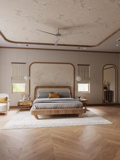 This bedroom exudes classic sophistication with a modern twist. I used curved archways and a textured ceiling to create a soft, romantic feel, while the herringbone wood floor grounds the space with timeless elegance.