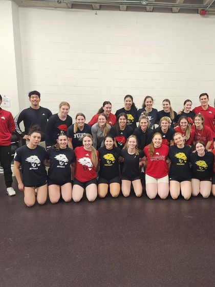 A group photo with the York University women's hockey team. It was a privilege to lead their training and be a part of their journey, working with talented athletes from a different sport.