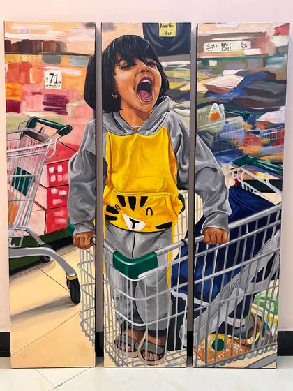 I love capturing pure, unfiltered joy. This custom triptych acrylic painting was created from a candid photo of a child's fun moment in a shopping cart. It shows how even an everyday memory can be turned into a vibrant, large-scale piece of art for your home.