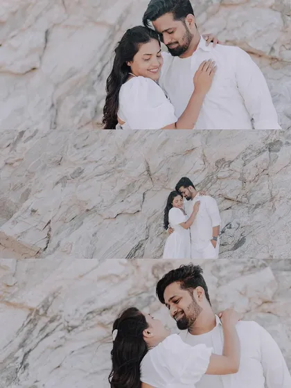 A collage of a couple embracing and sharing intimate moments against a rocky, natural backdrop.