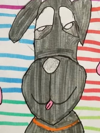 This drawing of a dog with expressive, sleepy eyes and a colorful striped background is a great example of how we teach students to convey emotion in their cartoons.