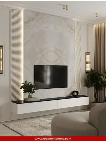 An elegant TV unit with a soft, neutral color palette. The design features a textured back panel and minimalist floating console, creating a serene and stylish space.