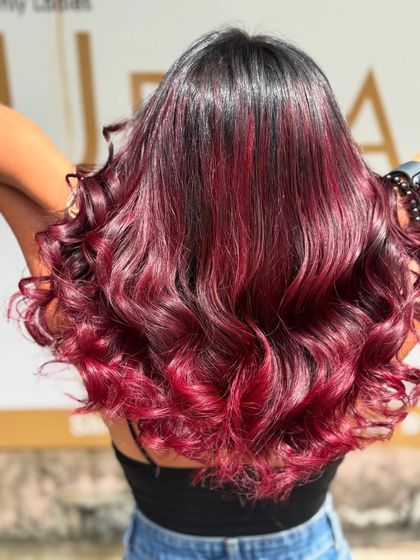 Another angle of the gorgeous Redwine Balayage, showing how the colour catches the light. This is a perfect statement look for any occasion.