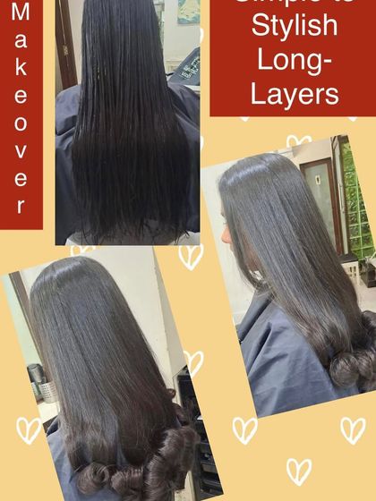 This makeover transforms simple long hair into a stylish look with expertly cut layers and a bouncy, curled finish, adding sophistication and shape.