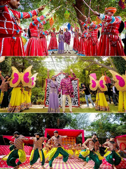 A collage of the couple enjoying the various performances at their carnival-themed event, from folk dancers to butterfly-winged performers.