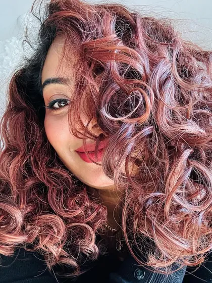 A collection of my other no-bleach balayage and color work, showcasing a variety of tones from subtle browns to vibrant reds on different curl types.