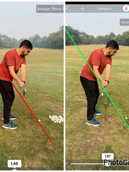 Using line analysis, you can see the 'before' swing plane was too steep. In the 'after' swing, we have shallowed out the club's approach, which is essential for creating a more repeatable ball flight pattern.