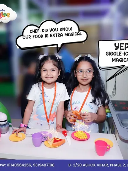 Our food is giggle-iciously magical! These two little chefs are cooking up some fun in our play kitchen, a favorite spot for imaginative role-playing.