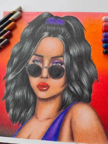 A slightly different shot of the finished piece, highlighting the purple eyeshadow and red lips.