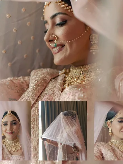 A collage of the bride's portraits, showing her beautiful smile and the delicate details of her pastel lehenga and veil.