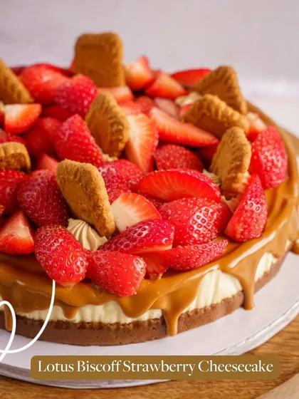 A beautiful collage showcasing my Lotus Biscoff Strawberry Cheesecake. It’s a perfect example of how I love to combine classic flavors with seasonal fruits.