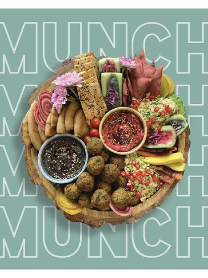 This is the perfect platter for any screening or get-together. My Mediterranean platter is loaded with crispy falafel, lavash, pita bread, and fresh tabbouleh. It comes with two of my signature dips: a dreamy beetroot hummus and a smoky activated charcoal hummus.