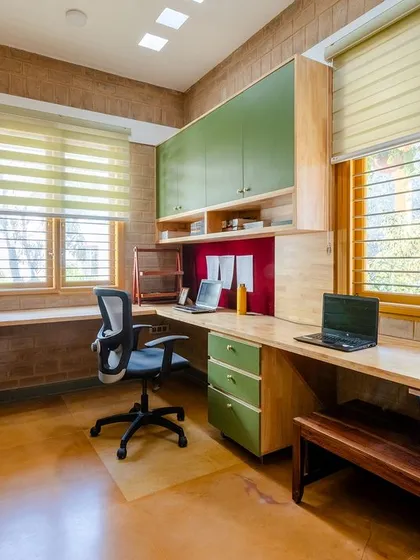 A full view of the well-organized and naturally lit study area.