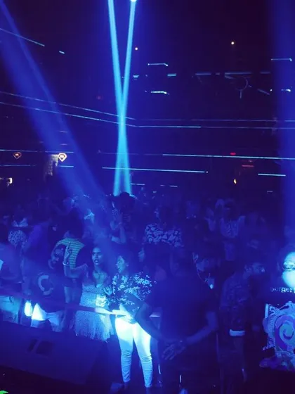 Blue laser lights creating a cool, immersive atmosphere at F Superclub. This is the perfect setting for a deep techno and progressive set.