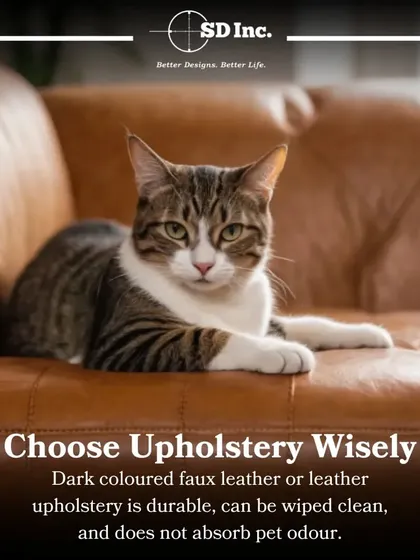 A helpful tip for pet owners. We recommend choosing upholstery wisely, such as dark-colored faux leather, which is durable, easy to clean, and doesn't absorb pet odors.