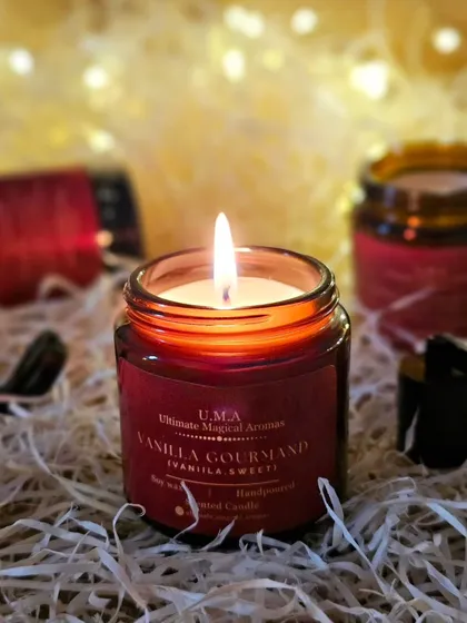 The warm and comforting glow of my Vanilla Gourmand candle. This scent is the perfect companion for cozy moments, filling your space with a delightful, sweet aroma.