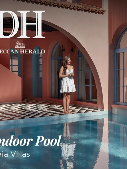 Another image from our feature in the Deccan Herald on the indoor pool at Baia Villas. The design, wrapped in soft peach hues, draws from Portuguese architectural styles to create a modern yet contextual space.