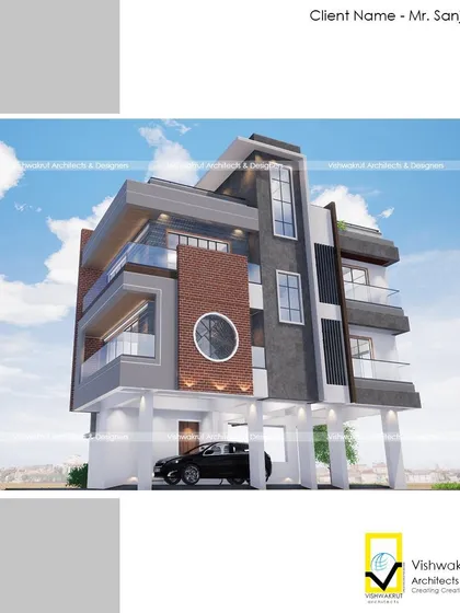A render of the stilt-plus-two residential building for Mr. Sanjay Patil in Uran. This view shows the complete building, including the covered parking area and the distinct residential floors above.